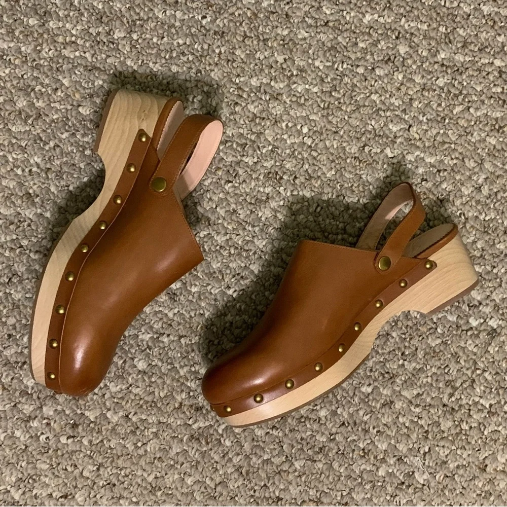 J. Crew Grace Women's Brown Leather Convertible Slip On Clogs Shoes
